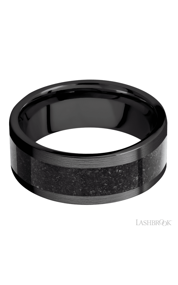 8 mm wide/Flat/Zirconium band with one 5 mm Centered inlay of Dinosaur Bone Black.