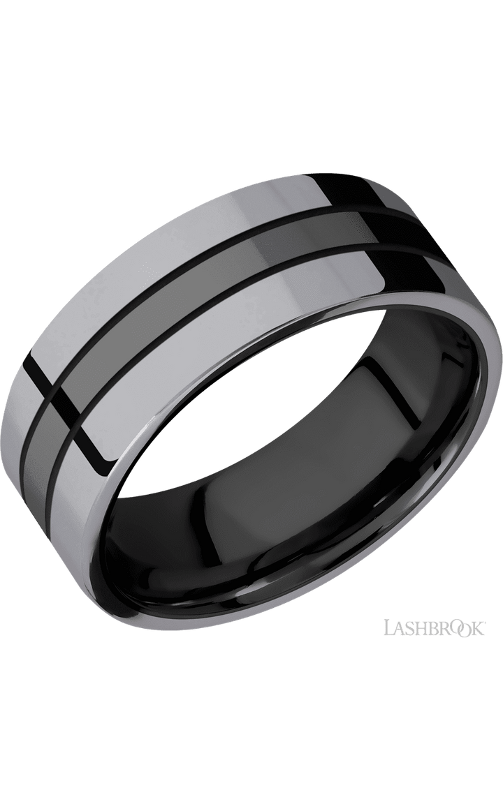 8 mm wide/Flat/Zirconium band with two 3 mm Double Off Center Edge inlays of Tantalum.