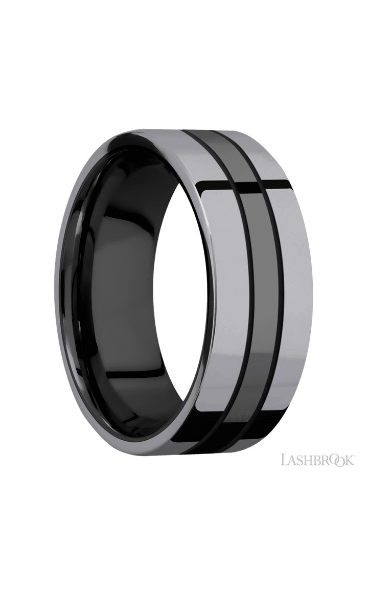 8 mm wide/Flat/Zirconium band with two 3 mm Double Off Center Edge inlays of Tantalum.