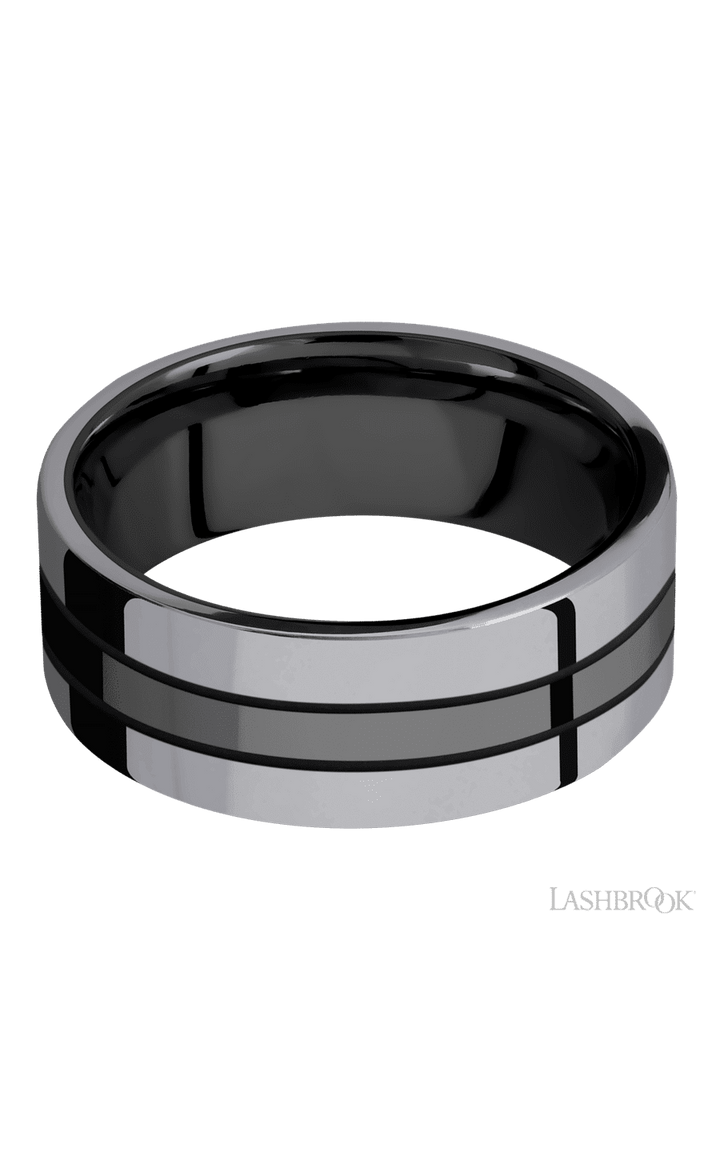 8 mm wide/Flat/Zirconium band with two 3 mm Double Off Center Edge inlays of Tantalum.