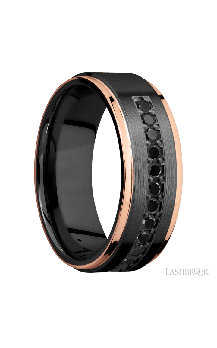 8 mm wide/Flat Grooved Edges/Zirconium band with a Half Eternity arrangement of .03 carat Round Black Diamond stones in a Bead setting and featuring two 1 mm Edge inlays of 14K Rose Gold