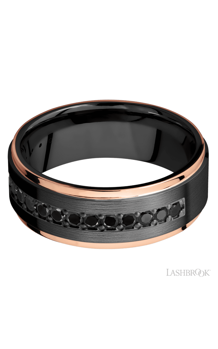 8 mm wide/Flat Grooved Edges/Zirconium band with a Half Eternity arrangement of .03 carat Round Black Diamond stones in a Bead setting and featuring two 1 mm Edge inlays of 14K Rose Gold