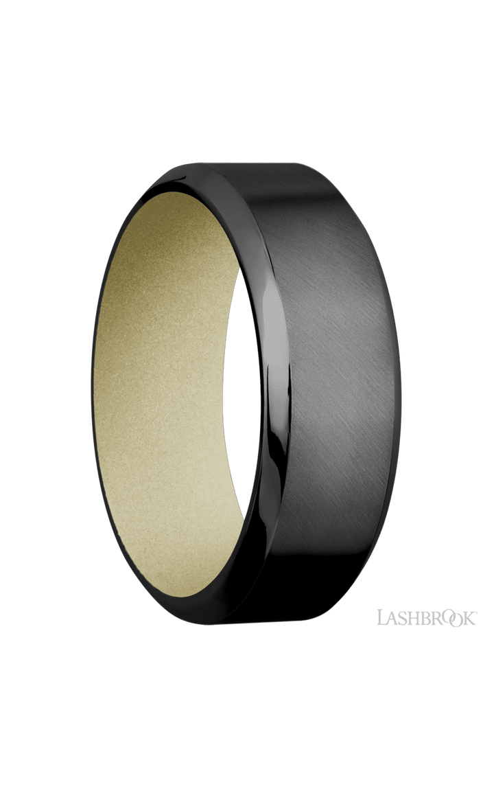 8 mm wide High Bevel Zirconium band featuring a Bright Nickel sleeve.