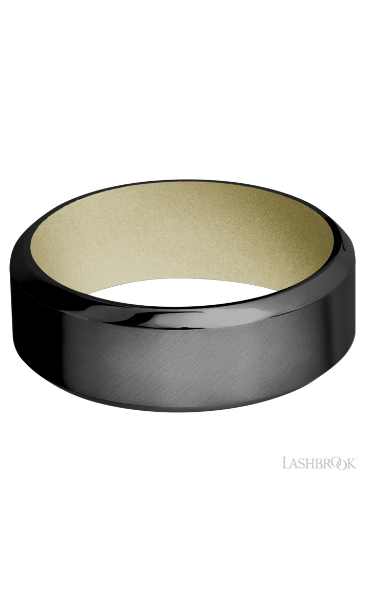 8 mm wide High Bevel Zirconium band featuring a Bright Nickel sleeve.