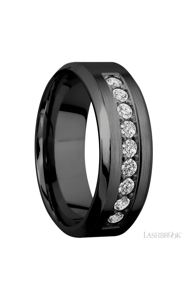 8 mm wide/High Bevel/Zirconium band with an  arrangement of 9, .05 carat Round Diamond stones in a Bead setting.