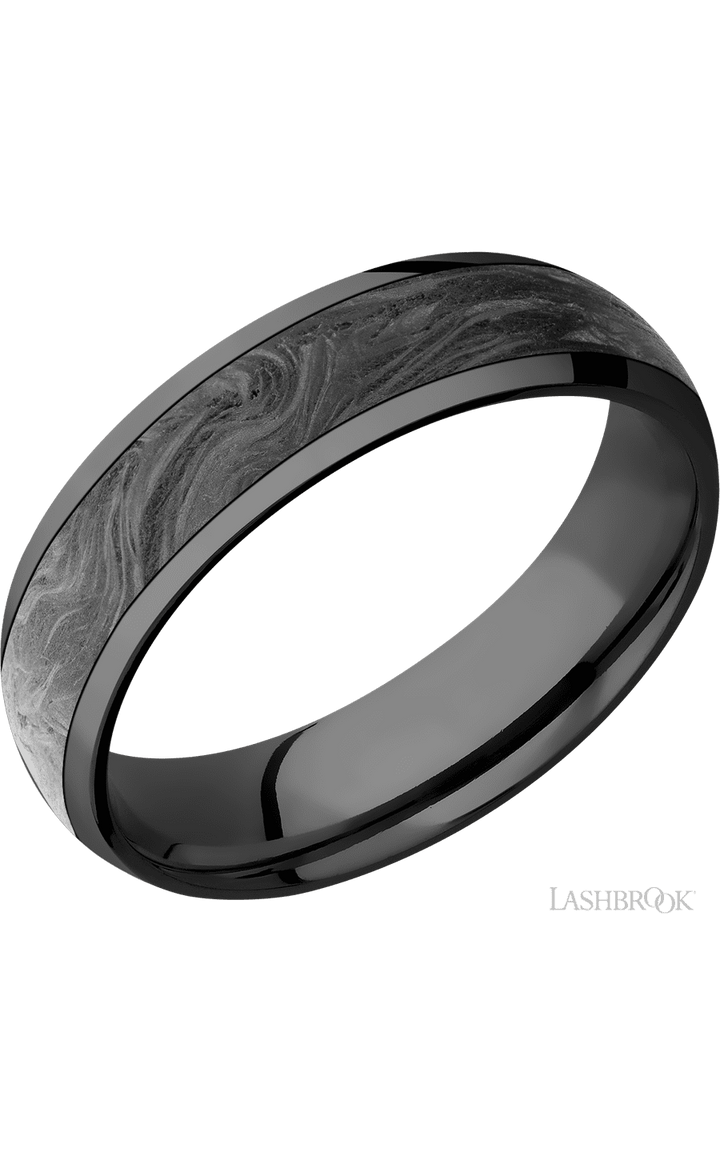 6 mm wide/Domed/Zirconium band with one 4 mm Centered inlay of Forged Carbon Fiber.