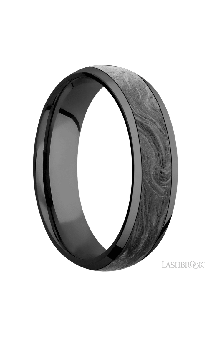 6 mm wide/Domed/Zirconium band with one 4 mm Centered inlay of Forged Carbon Fiber.