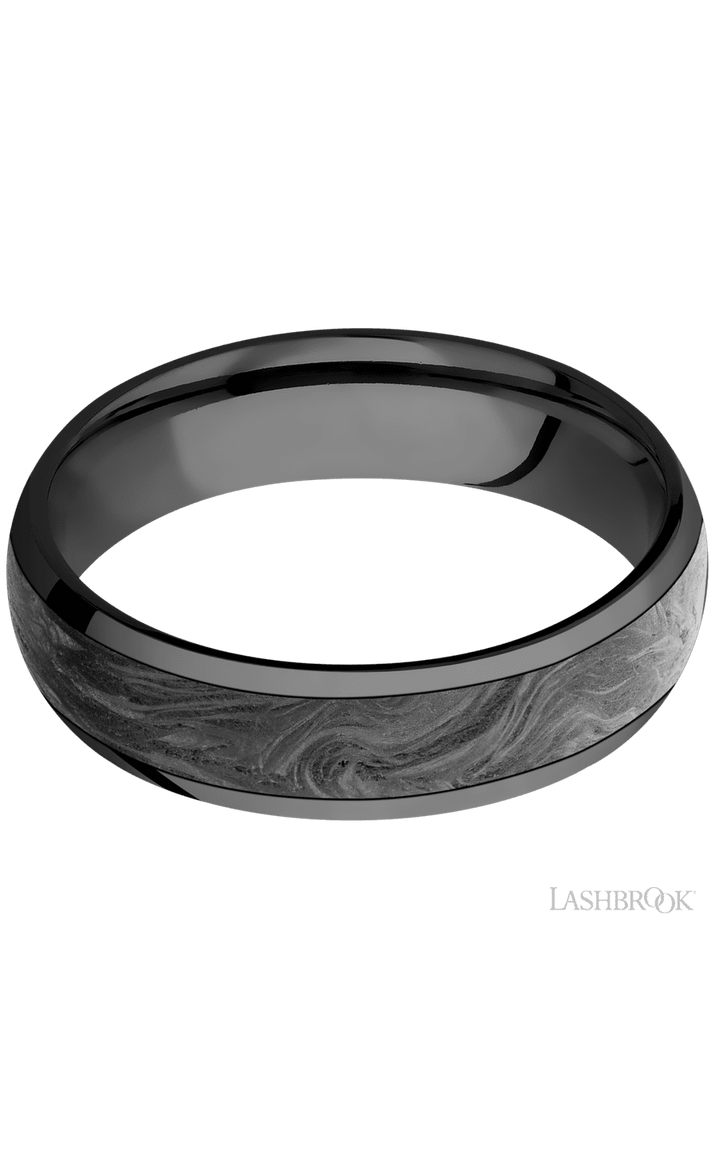 6 mm wide/Domed/Zirconium band with one 4 mm Centered inlay of Forged Carbon Fiber.