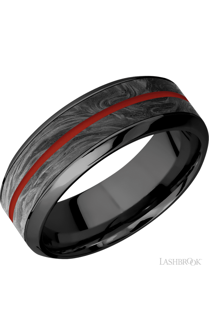 8 mm wide/High Bevel/Zirconium band featuring inlays of Forged Carbon Fiber and Red Apple.