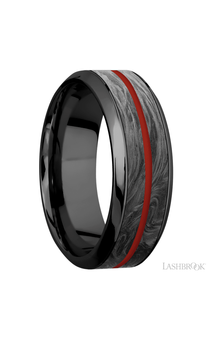 8 mm wide/High Bevel/Zirconium band featuring inlays of Forged Carbon Fiber and Red Apple.