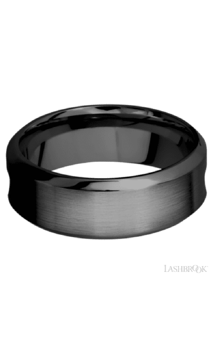 8 mm wide/High Bevel/Zirconium band featuring inlays of Forged Carbon Fiber and Red Apple.