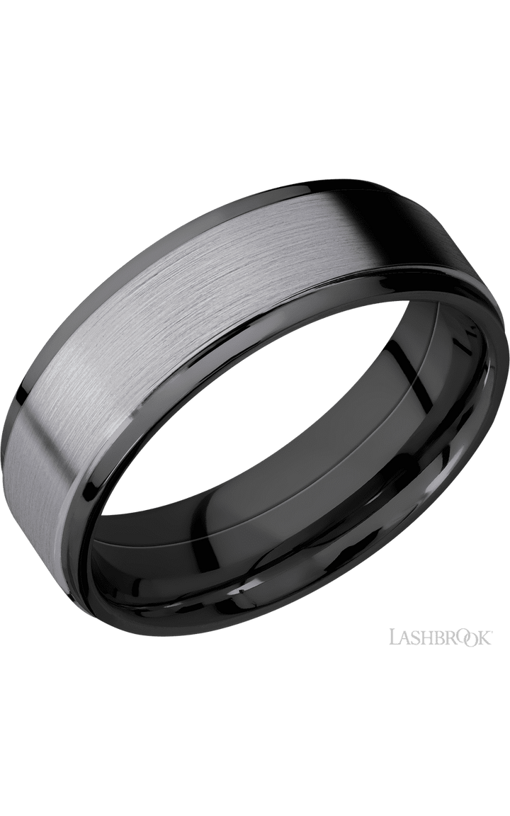 7 mm wide/Flat Grooved Edges/Zirconium band with one 5 mm Raised Centered inlay of Tantalum.