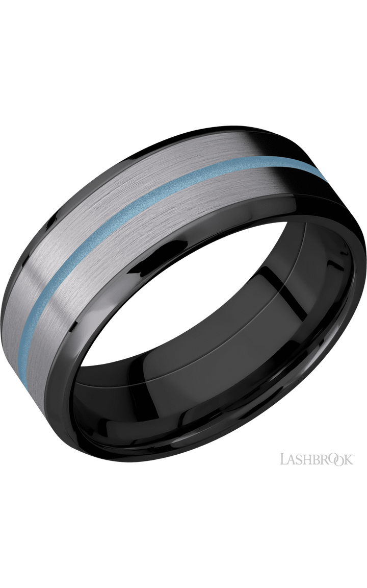 8 mm wide/Beveled/Zirconium band featuring inlays of Tantalum and Polar Blue.