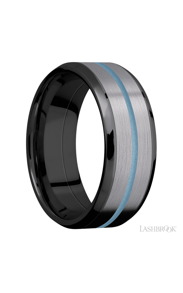 8 mm wide/Beveled/Zirconium band featuring inlays of Tantalum and Polar Blue.