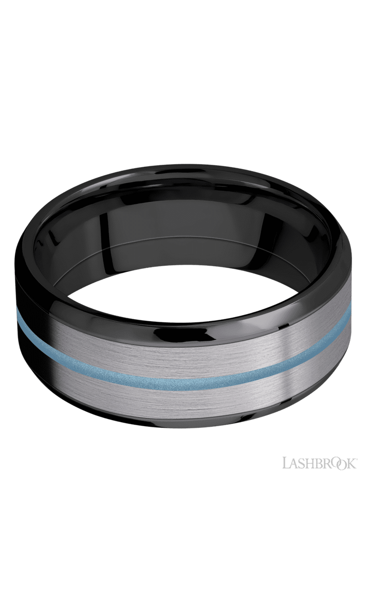 8 mm wide/Beveled/Zirconium band featuring inlays of Tantalum and Polar Blue.