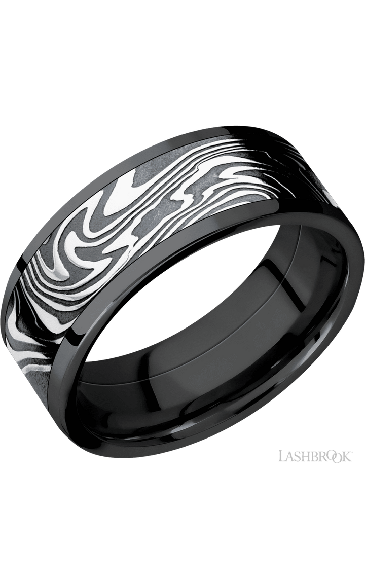 8 mm wide/Flat/Zirconium band with one 6 mm Centered inlay of Kinetic.