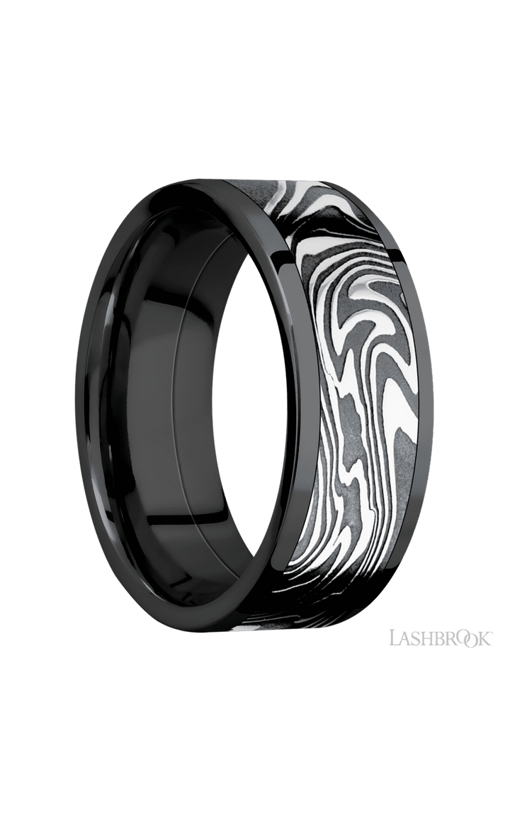 8 mm wide/Flat/Zirconium band with one 6 mm Centered inlay of Kinetic.