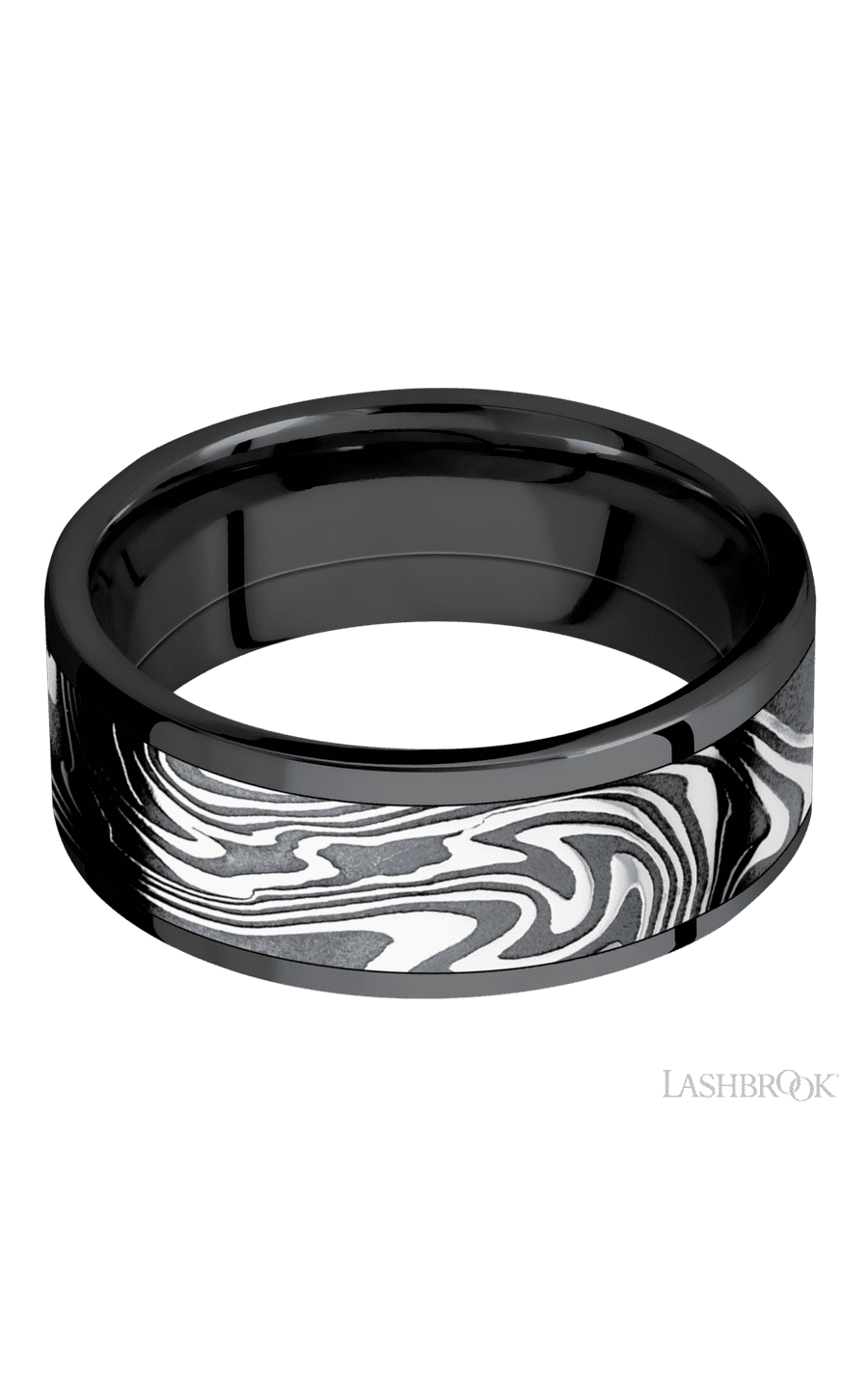 8 mm wide/Flat/Zirconium band with one 6 mm Centered inlay of Kinetic.