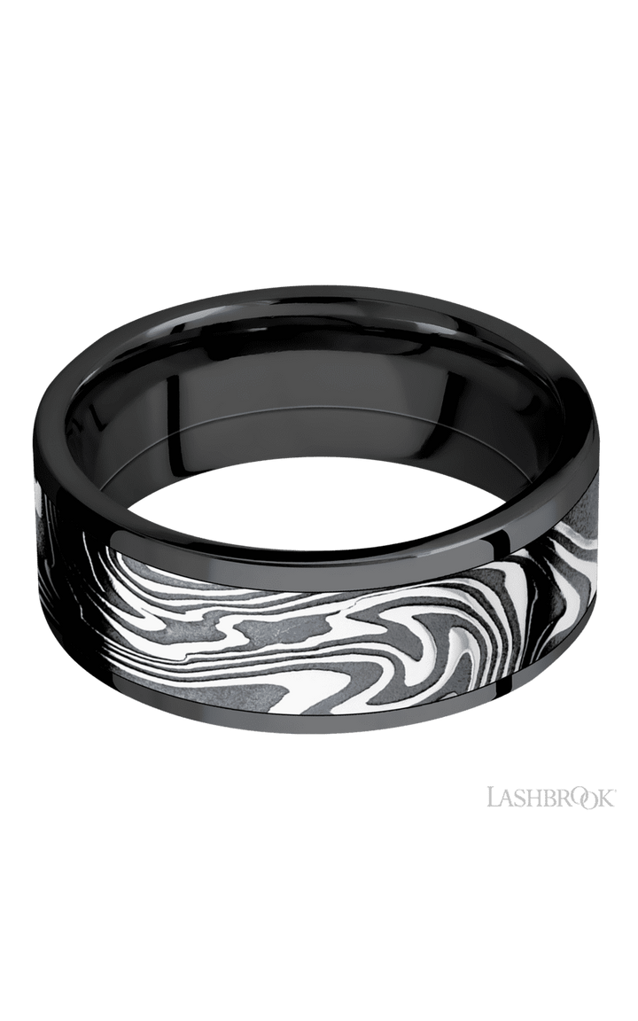 8 mm wide/Flat/Zirconium band with one 6 mm Centered inlay of Kinetic.