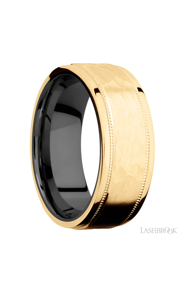 8 mm wide Flat Stepped Edges Milgrain 14K Yellow Gold band featuring a Zirconium sleeve.
