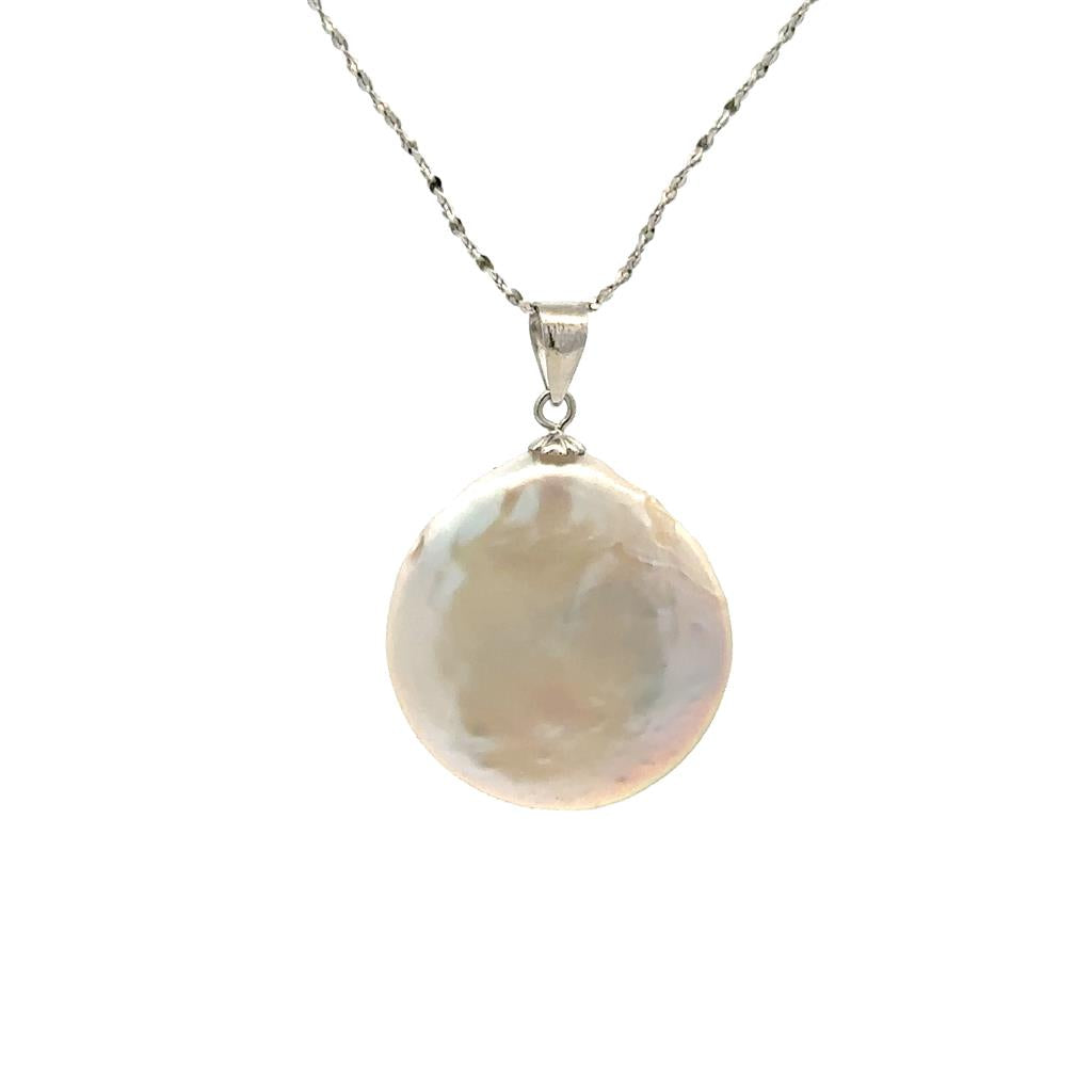 Drop Pearl Pendant .925 White with Coiin Cream Fresh Water Pearl