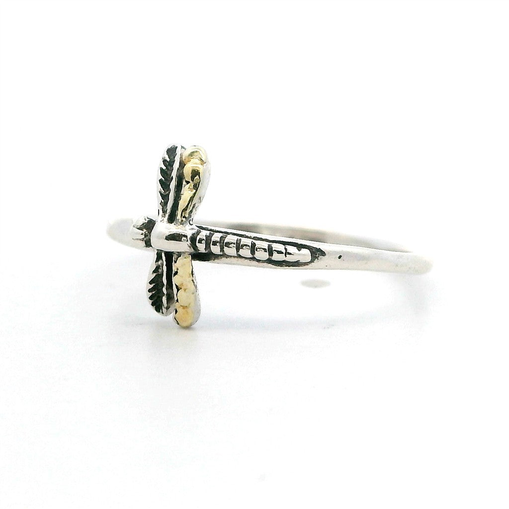 Dragon Fly Free Form Womens Alaskan Gold Nugget Fashion Ring 2 mm wide Sterling Silver & Alaskan Gold Nugget Size 7