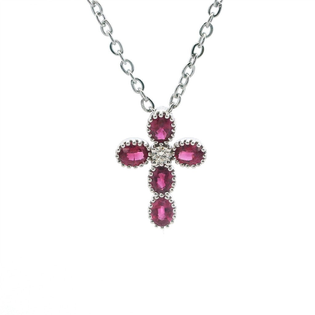 Cross Pendants 14 Karat White with Oval Red Rubies & Round Diamond