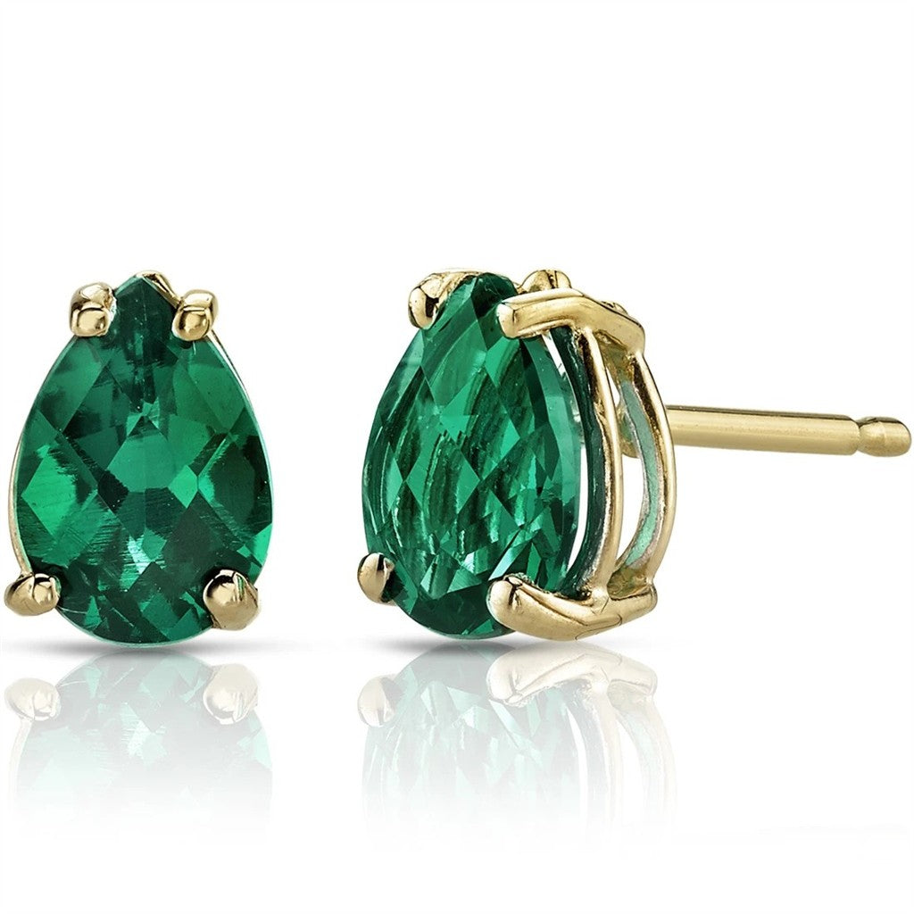 14 Karat Yellow May Single Stone Studs Earrings 1.25ctw Lab Grown Pear Emerald Labs