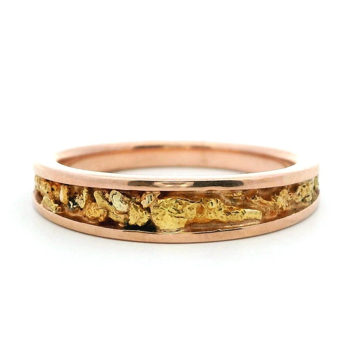 4X2mm Wide Straight Inlay Style Womans Wedding Bands With Gold Nugget 14 Karat Gold & Alaskan Gold Nugget Rose size 6