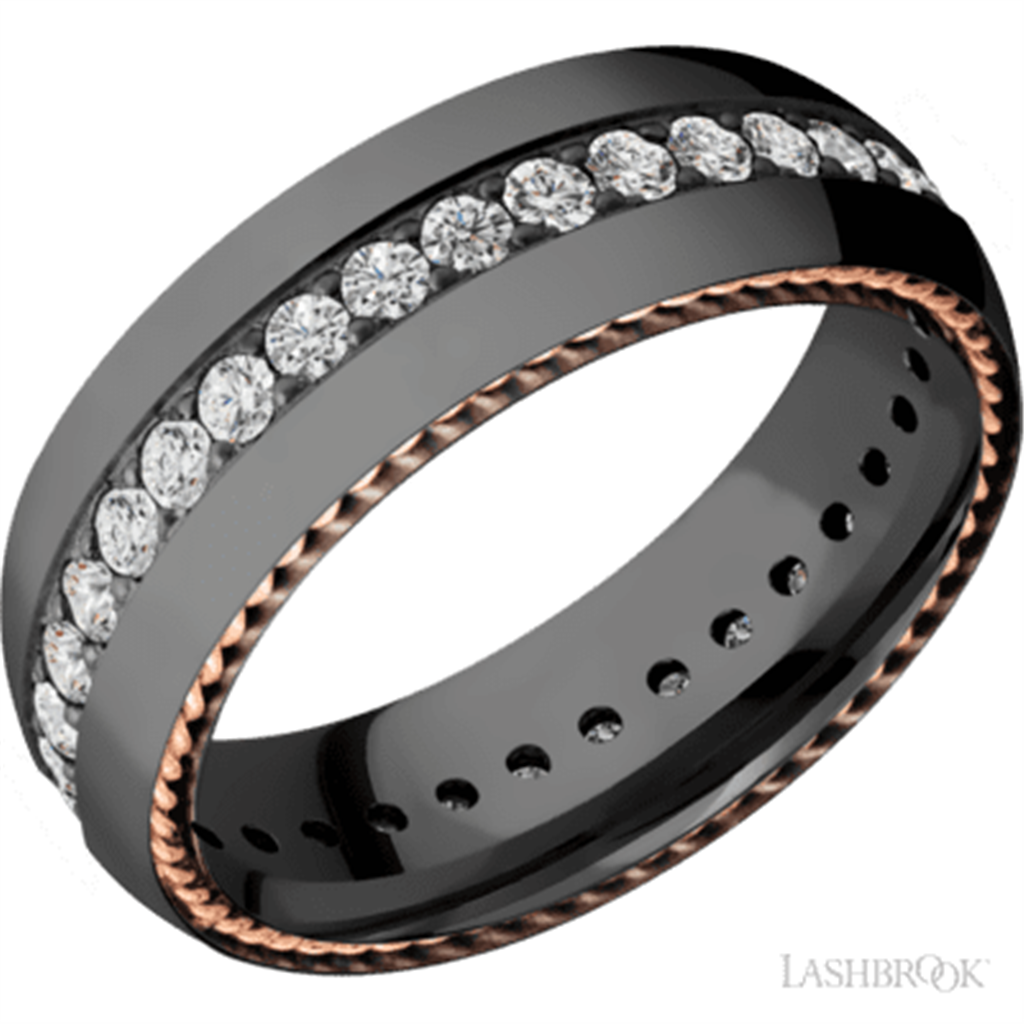 Rose & Black Zirconium Alternative Metal Ring 7mm wide with Round Diamonds Size 10