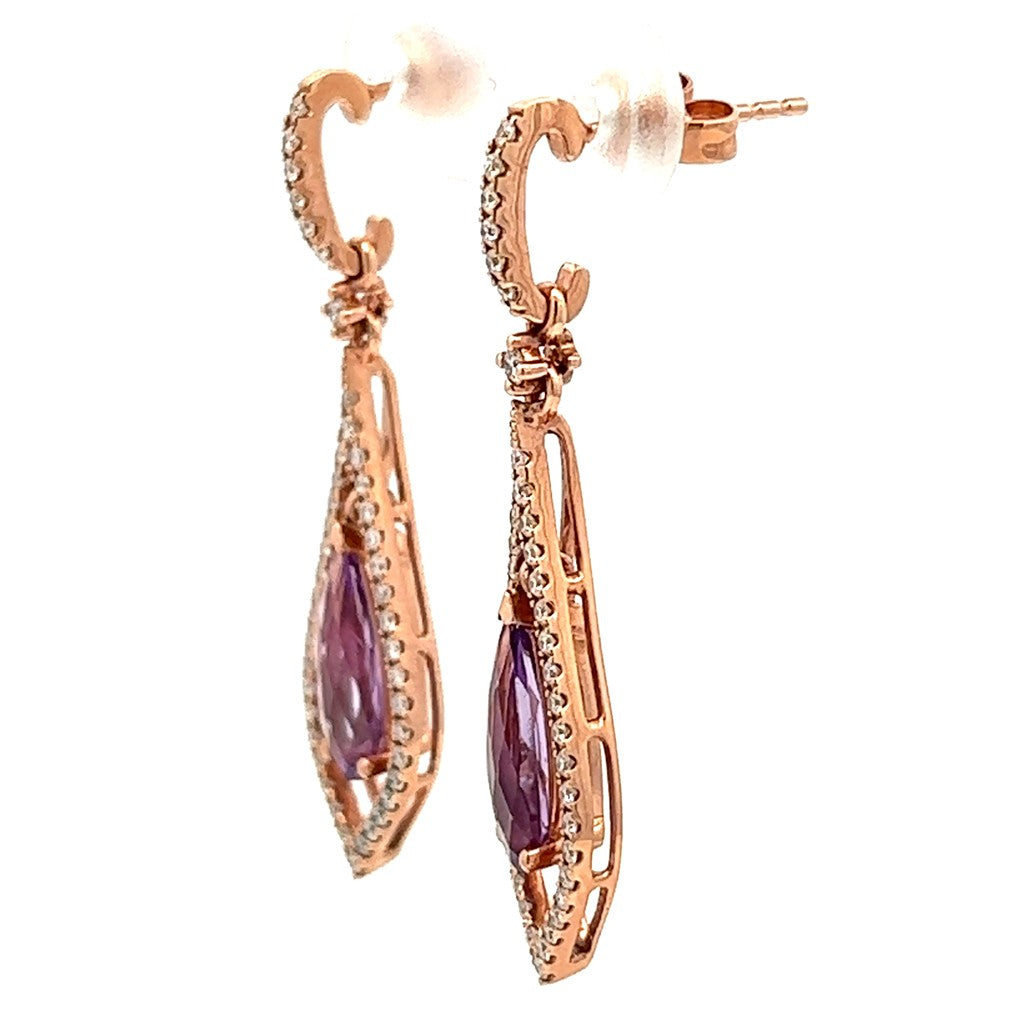 Earrings Precious Metal Colored Stone Dangle Stud Drops 14 Karat Gold Rose With 1.67ctw Amethyst 0.48 ctw & Diamonds