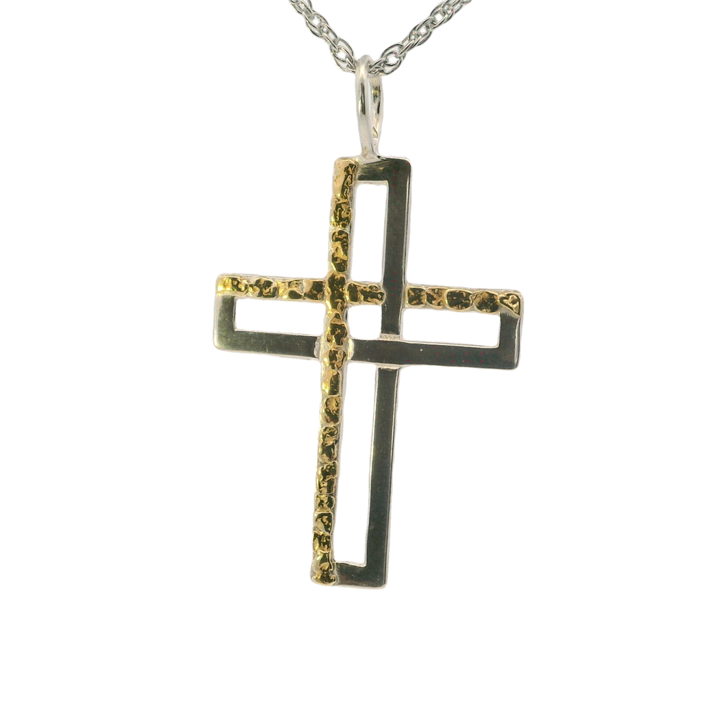 Cross Style Religeous Pendant Sterling Silver & Alaskan Gold Nugget