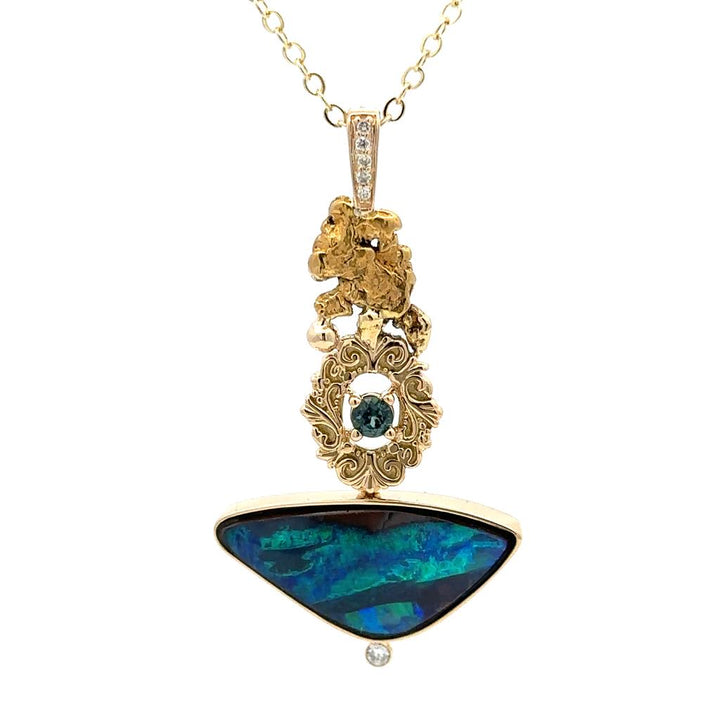 Yuarta Drop Pendants 18 KT Yellow with Trillian Opal & Round Sapphire & Round Diamonds