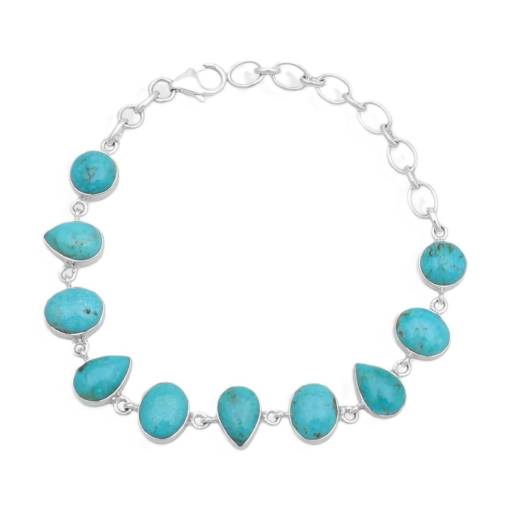 Cable Link Style Gemstone Bracelet Sterling Silver Silver With Turquoises 9" Long