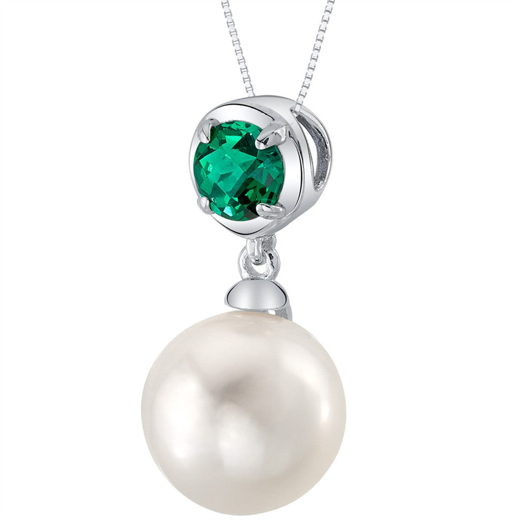May Birthstone Slider Pearl Pendant Sterling Silver White with Round Fresh Water Pearl & Round Emerald Lab