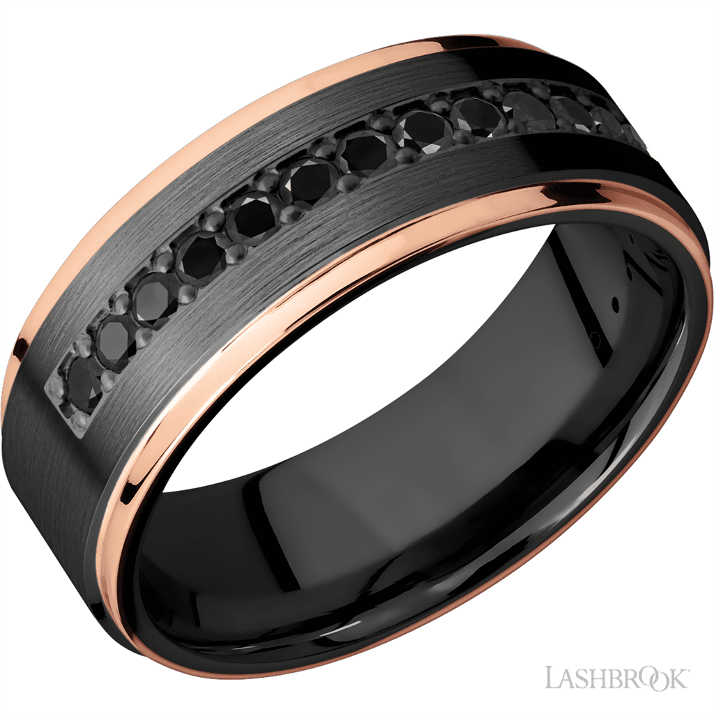 Black Zirconium Alternative Metal Ring 8mm wide with Round Diamonds Size 10
