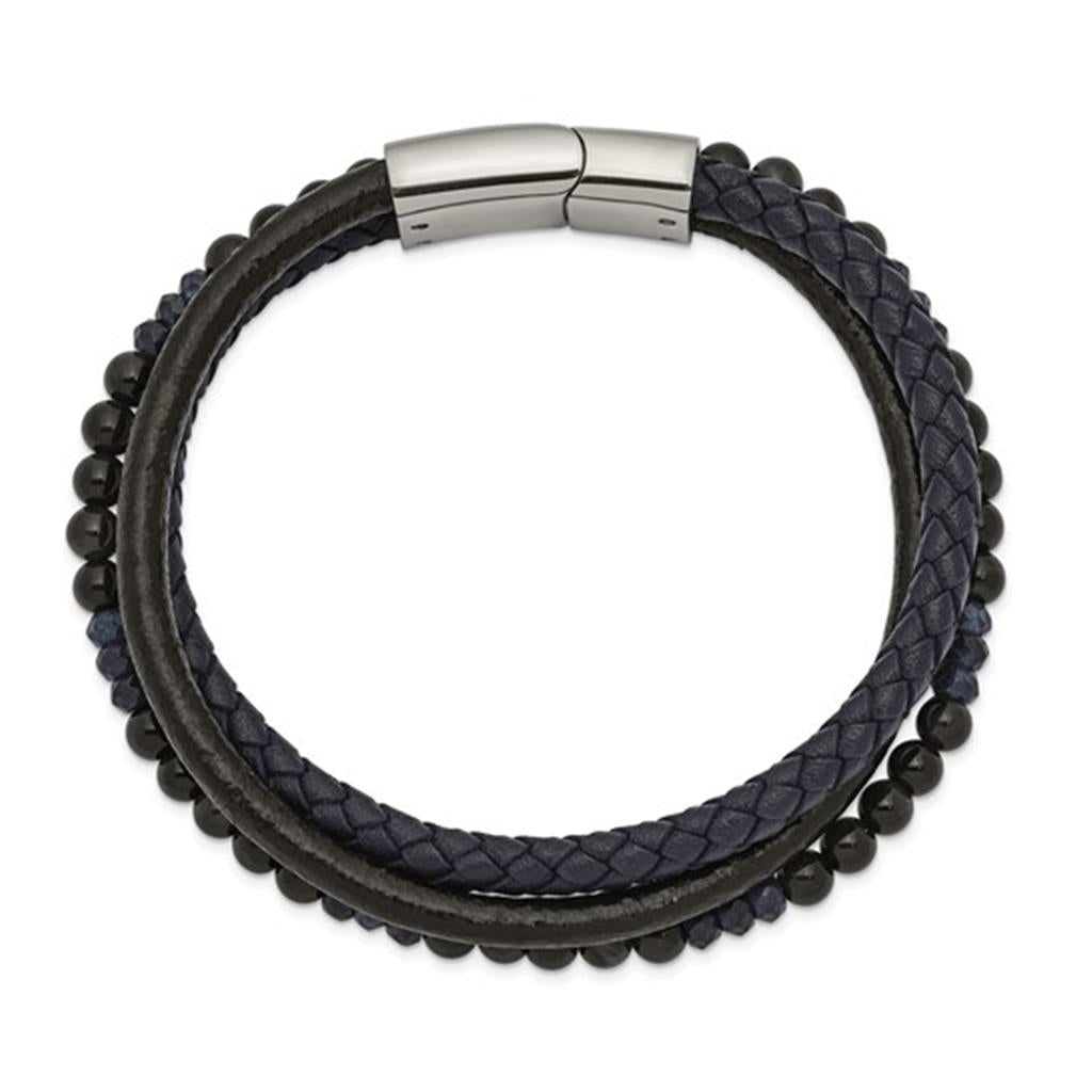 Braid Style Gemstone Bead Bracelet Stainless Steel with Blue Chalcedony & Black Tigers Eye 8.25"