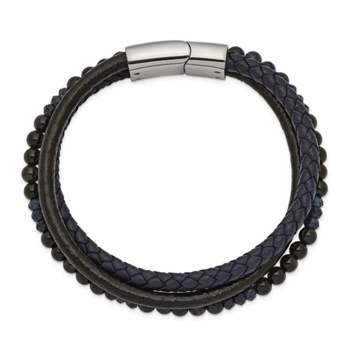 Braid Style Gemstone Bead Bracelet Stainless Steel with Blue Chalcedony & Black Tigers Eye 8.25"