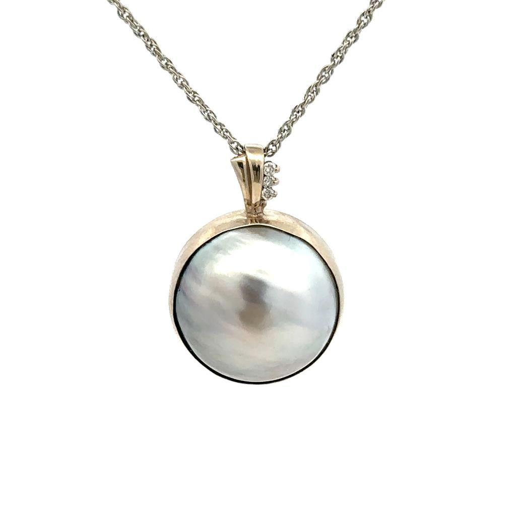 Drop Pearl Pendant 14 KT White with Button Silver Fresh Water Pearl & Round Diamonds 0.02 ctw
