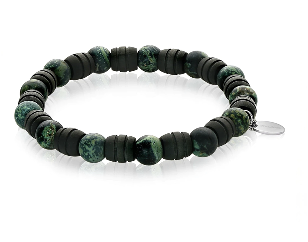 Stretch Style Gemstone Bead Bracelet Elastic with Green Jade & Black Carbon Fiber 8"