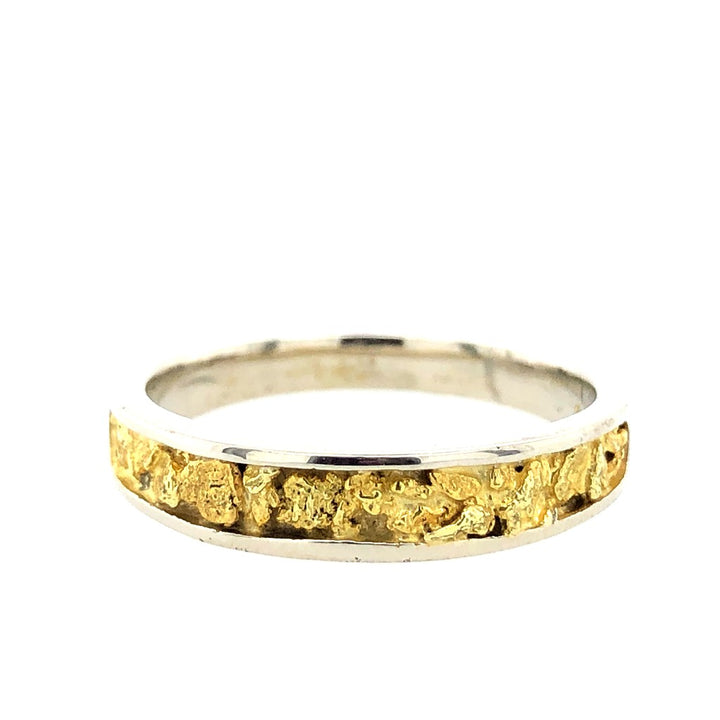 4X2mm Wide Half Channel Tapered Style Womans Wedding Bands With Gold Nugget 14 Karat Gold & Alaskan Gold Nugget Two Tone size 7.75