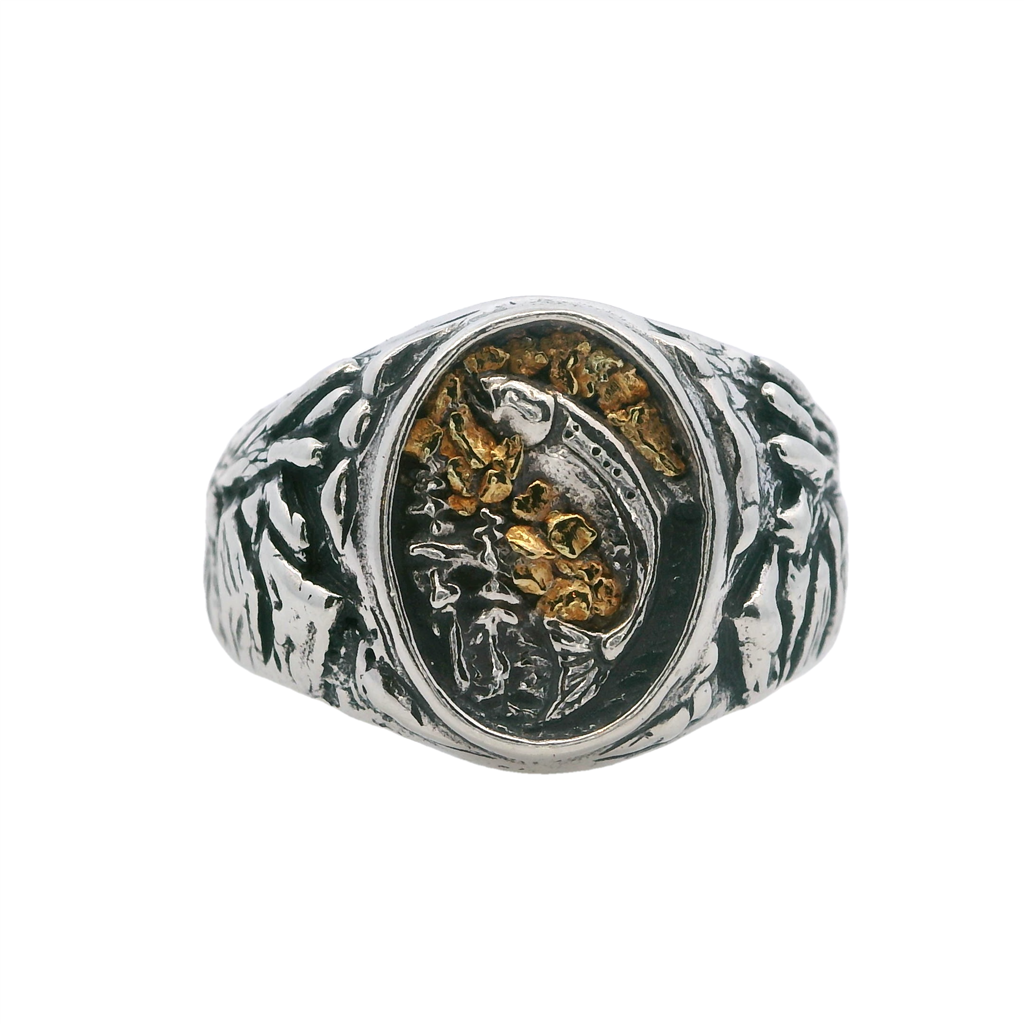 Fish Style Signet Men's Ring Sterling Silver & Alaskan Gold Nugget Size 9