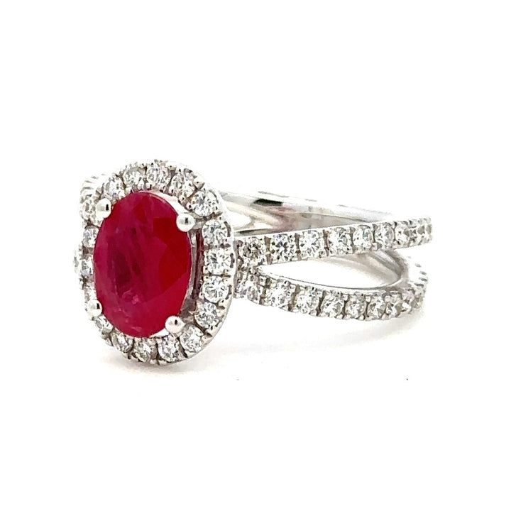 1 & 1/2 Carat Halo Style Engagement Ring White 14 Karat Gold With A Ruby Center Stone And Diamonds Accent Stones