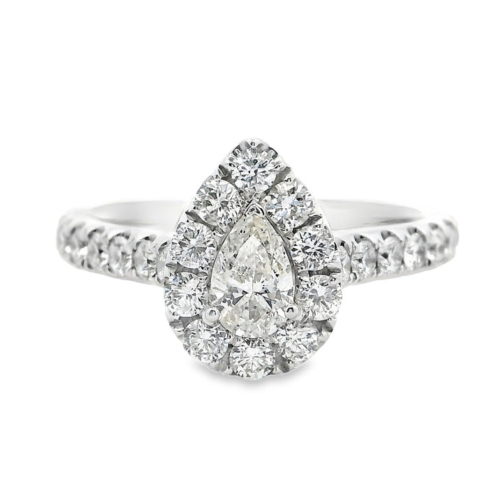 Halo Diamond Engagement Ring White 14 Karat Gold With A 0.33 Carat Pear Shape Diamond Center & Round Shape Diamonds Side Stones