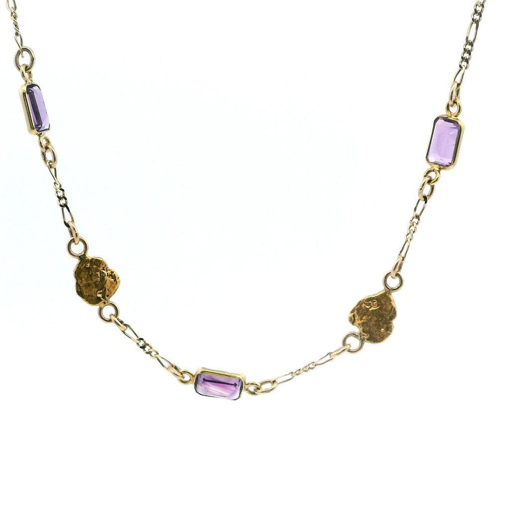 Alaskan Gold Nugget Necklace In Line 18 " long On a 14 Karat Gold Yellow Figaro Chain Amethysts