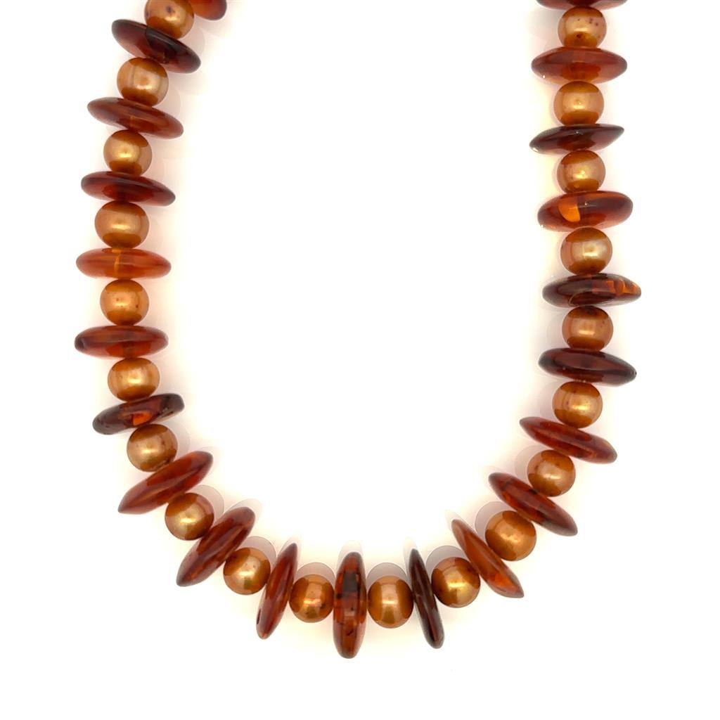 Honey Akoya Pearl & Amber Strand Necklace With a .925 Clasp 25" Long