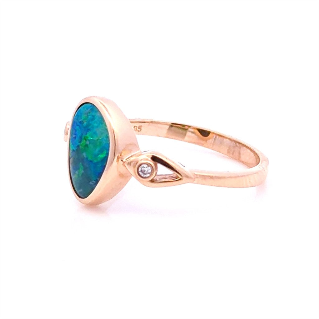 Free Form Style Colored Stone Ring 14 Karat Gold Yellow with Opal & Diamonds Accent size 8