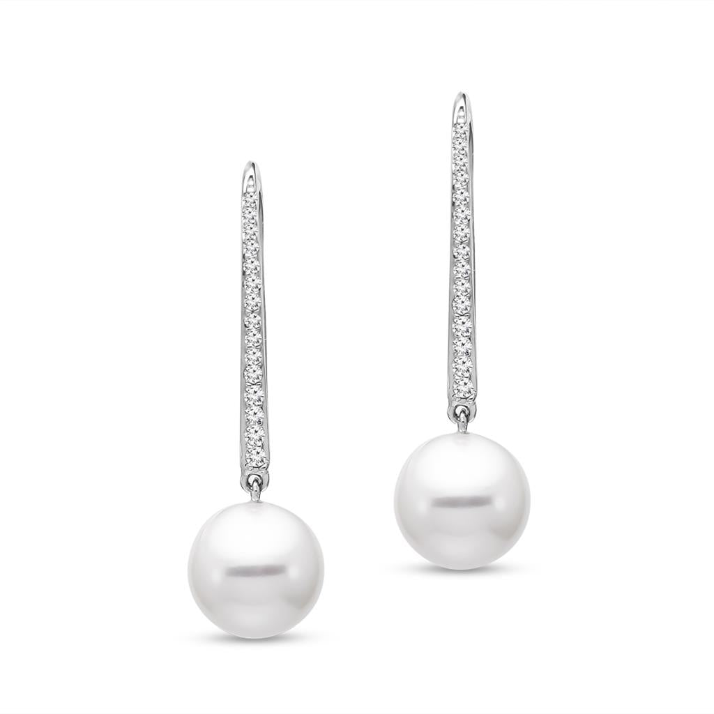 Dangle Drop Earring 14 KT White 9mm Fresh Water Pearls & Diamond