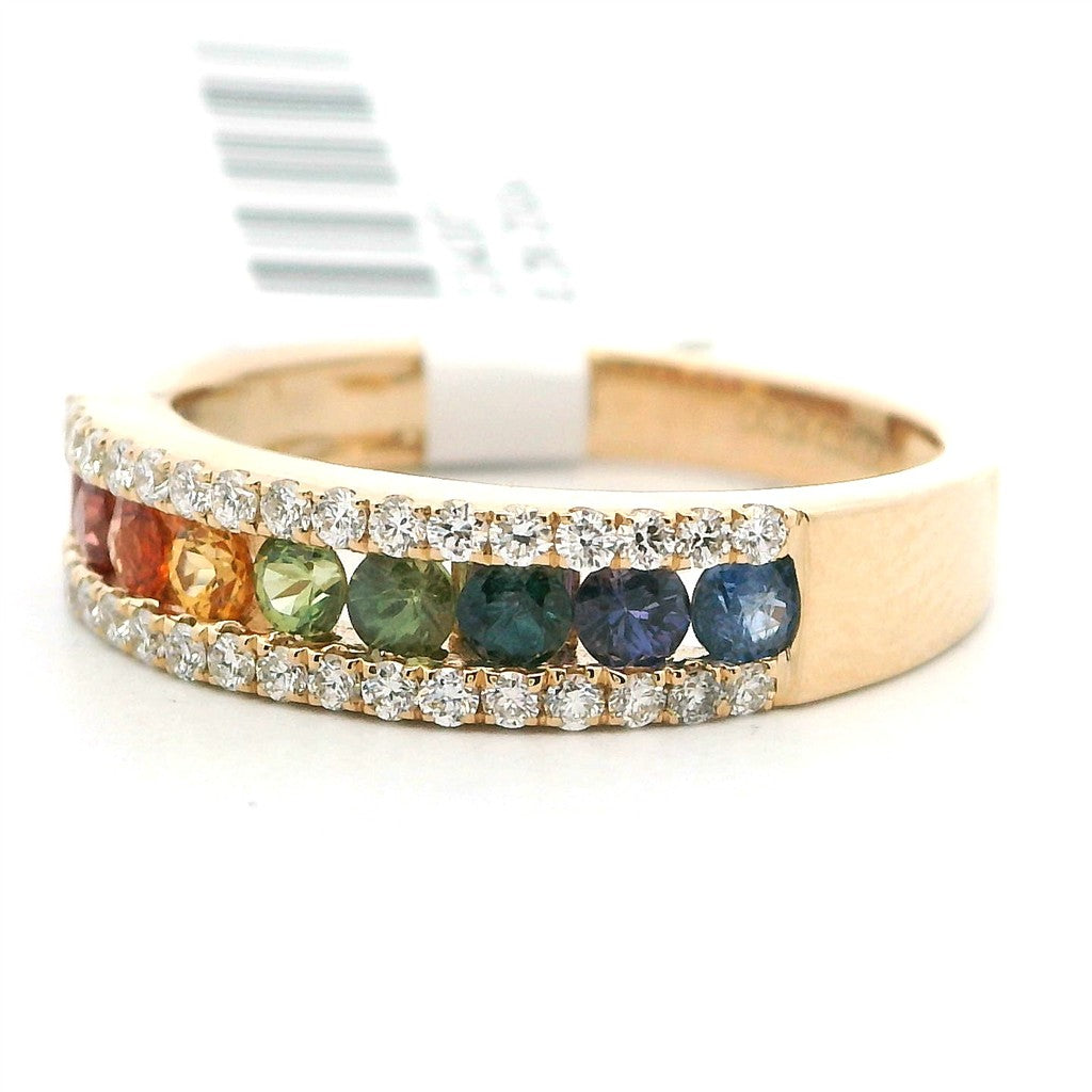 Geometric Style Colored Stone Ring 14 Karat Yellow with Sapphire & Diamond Accent size 7