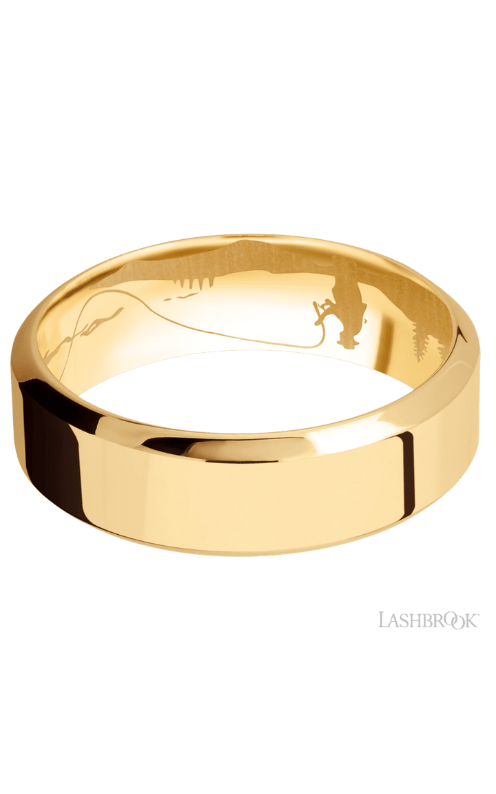 7 mm wide High Bevel 14K Yellow Gold band.